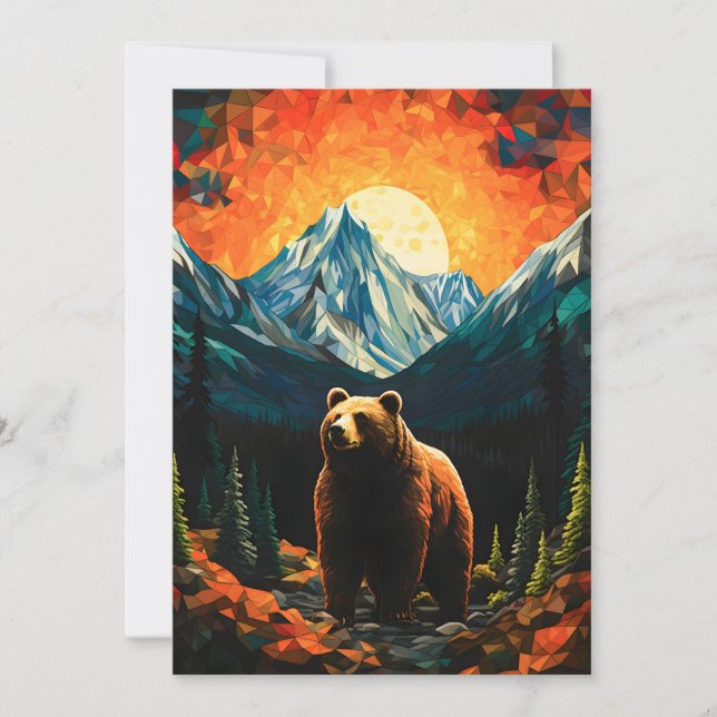 Stained Glass Wildlife Mountain Sunset Bear Holiday Card (Front)