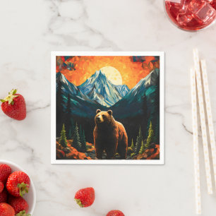 Stained Glass Wildlife Mountain Sunset Bear Napkins