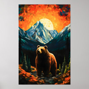 Stained Glass Wildlife Mountain Sunset Bear Poster