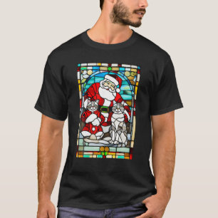 Stained Glass Window Art Grey Tabby Cat and Santa T-Shirt