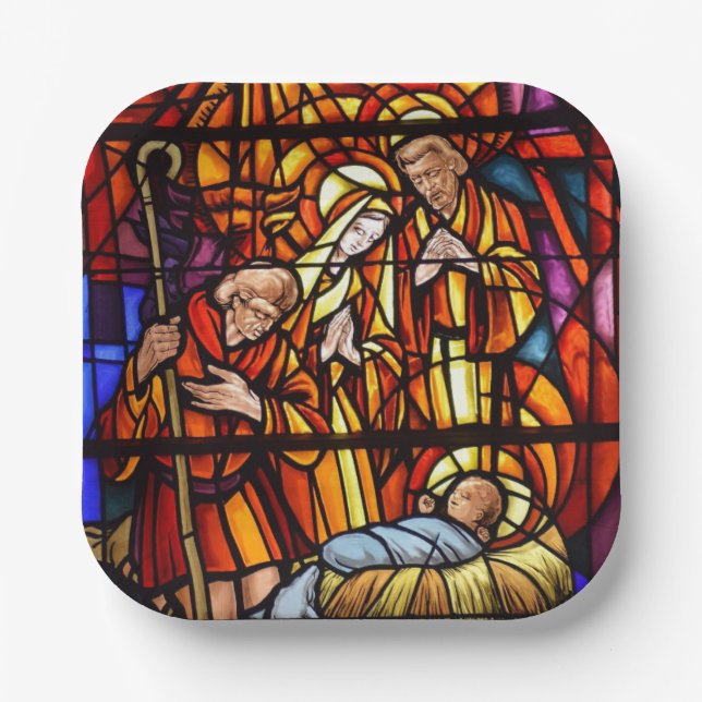 Stained Glass Window Baby Jesus Nativity Paper Plates (Front)