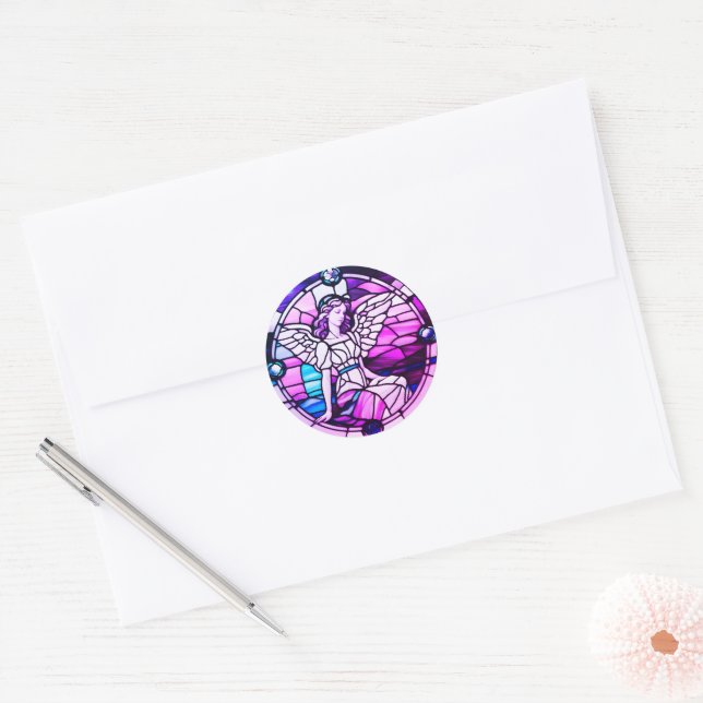 Stained Glass Window Christmas Angel Classic Round Sticker (Envelope)