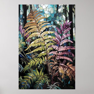 Stained glass window deep forest fern, woodland poster