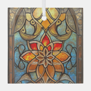 Stained glass window in blue, orange and gold glass ornament