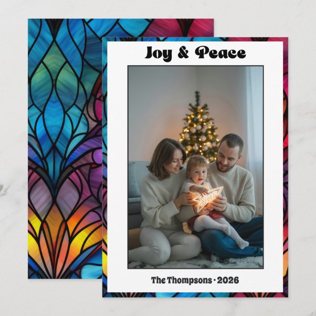 Stained Glass Window Joy & Peace Christmas Photo Holiday Card (Front/Back)