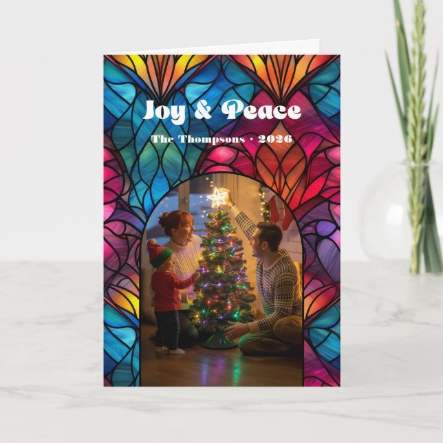 Stained Glass Window Joy & Peace Christmas Photo Holiday Card (Front)