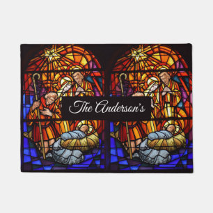 Stained Glass Window Nativity Christmas Doormat