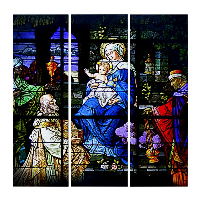 STAINED GLASS WINDOW NATIVITY SCENE TRIPTYCH (Front)