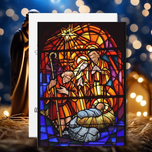 Stained Glass Window Personalize Message Nativity  Holiday Card