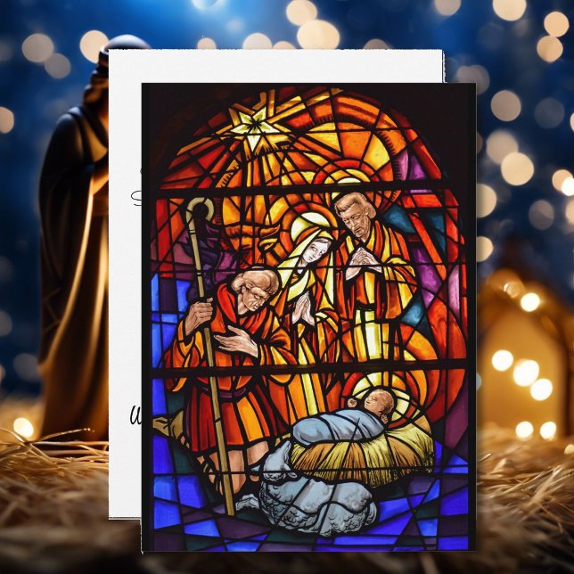 Stained Glass Window Personalize Message Nativity  Holiday Card (Creator Uploaded)