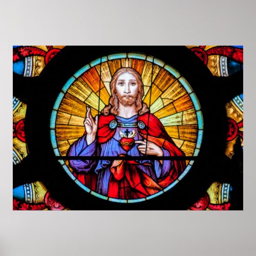 Stained glass window picturing Jesus Poster