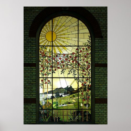 Stained Glass Window Sunrise and Garden Poster