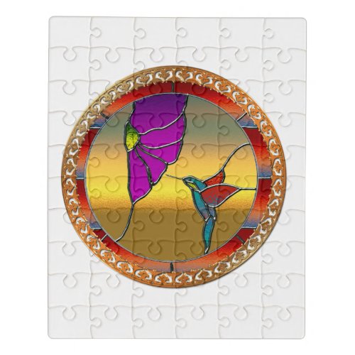 Stained Glass Window Turquoise Hummingbird Jigsaw Puzzle
