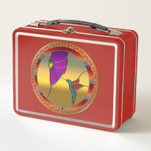 Stained Glass Window Turquoise Hummingbird Metal Lunch Box