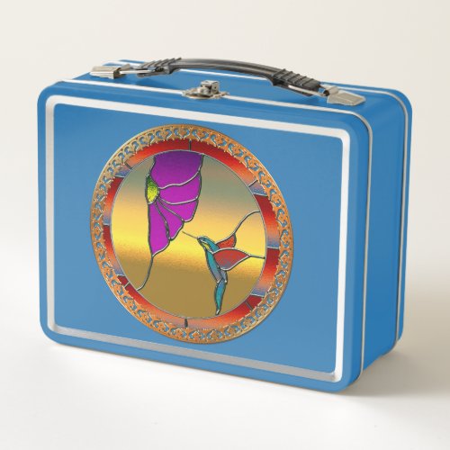 Stained Glass Window Turquoise Hummingbird Metal Lunch Box