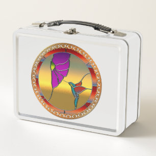 Stained Glass Window Turquoise Hummingbird Metal Lunch Box
