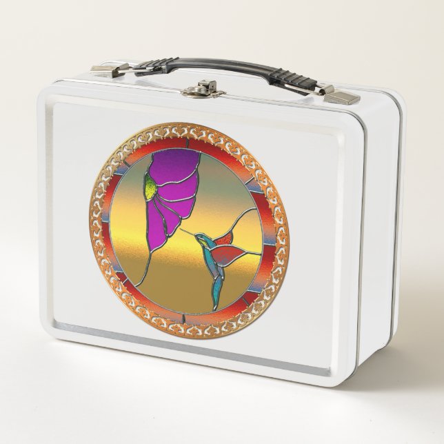 Stained Glass Window Turquoise Hummingbird Metal Lunch Box (Front)