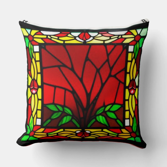 Stained Glass Window With Red Flower Throw Pillow (Front)