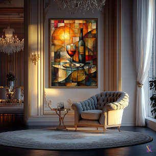 Stained Glass Wine Still Life with Golden Glow Poster