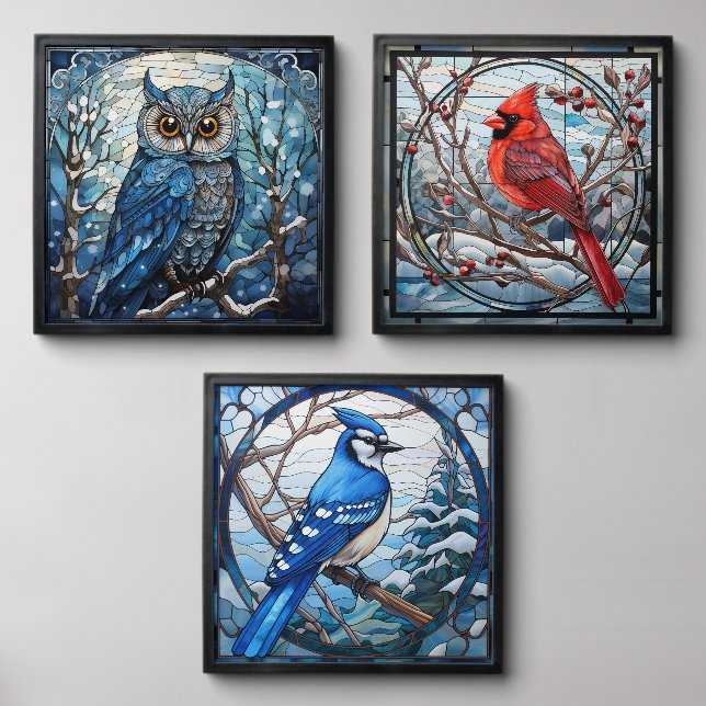Stained Glass Winter Birds Peel And Stick Photo Tile (Front Set)