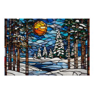 Stained Glass Winter Forest Landscape  Poster