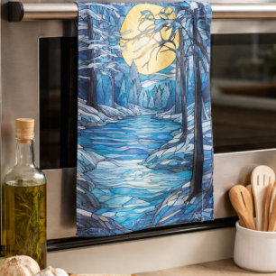 stained-glass winter landscape kitchen towel