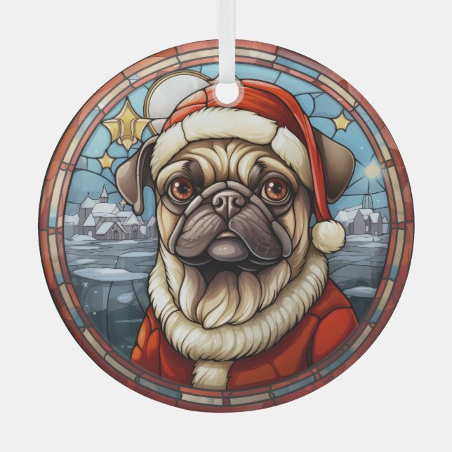 Stained Glass Winter Village Pug Dog Christmas Glass Ornament (Front)