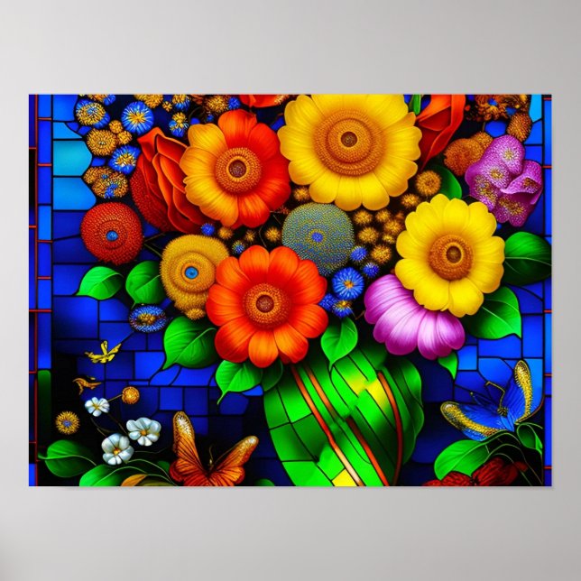 Stained glass with colorful flowers  poster (Front)
