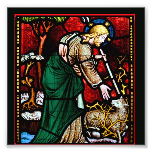 Stained Glass with Jesus rescuing a lamb of God Photo Print