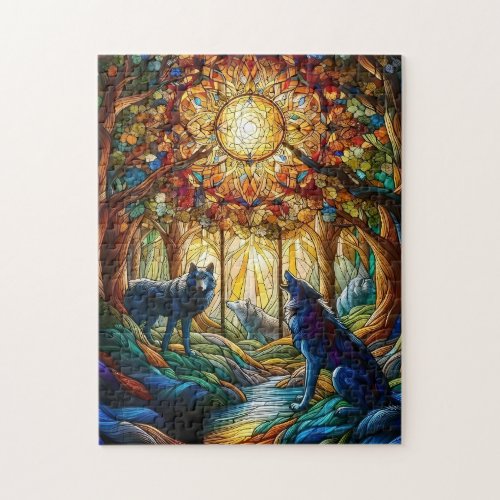 Stained Glass Wolves in Forest Jigsaw Puzzle