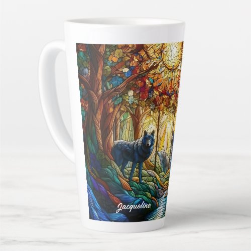 Stained Glass Wolves in Forest Latte Mug