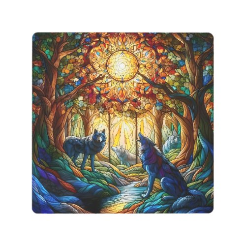 Stained Glass Wolves in Forest Metal Print