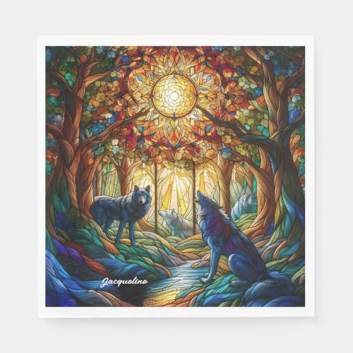 Stained Glass Wolves in Forest Napkins