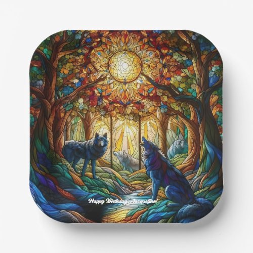 Stained Glass Wolves in Forest Paper Plates