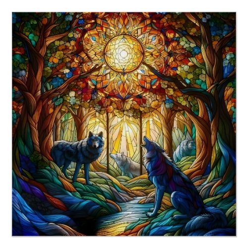 Stained Glass Wolves in Forest Poster