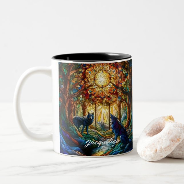 Stained Glass Wolves in Forest Two-Tone Coffee Mug (With Donut)