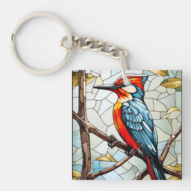 Stained Glass Woodpecker Bird Keychain (Front)