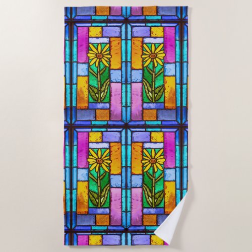 Stained Glass Yellow Daisy Beach Towel