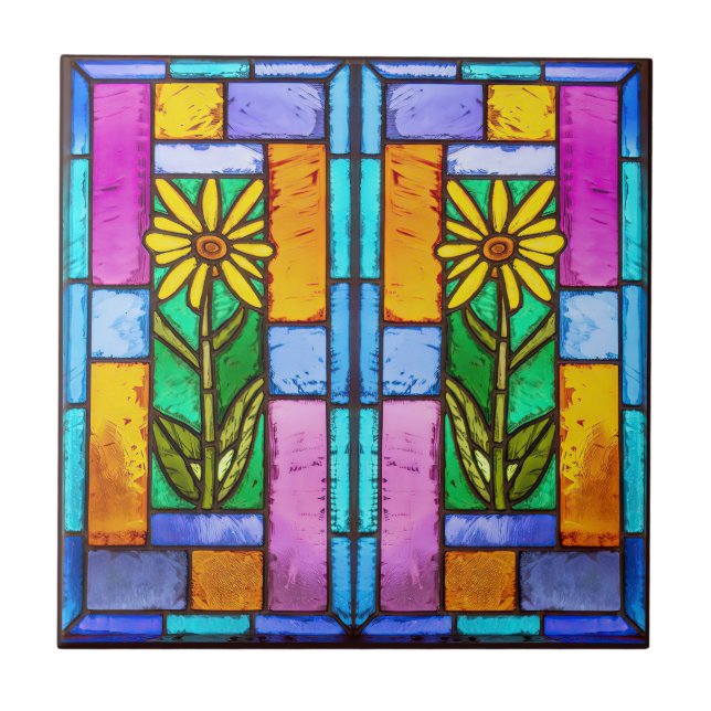 Stained Glass Yellow Daisy Ceramic Tile (Front)