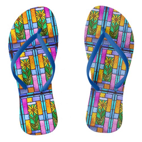 Stained Glass Yellow Daisy Flip Flops