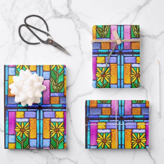 Stained Glass Yellow Daisy Wrapping Paper Sheets (Front)