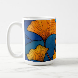 Stained glass yellow ginkgo leaves on blue coffee mug