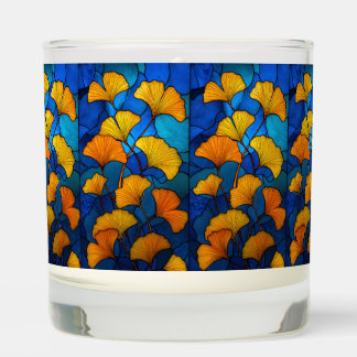 Stained glass yellow ginkgo leaves on blue scented candle
