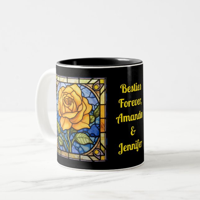 Stained Glass Yellow Rose Best Friends Two-Tone Coffee Mug (Front Left)