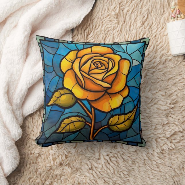 Stained Glass Yellow Rose Throw Pillow (Blanket)