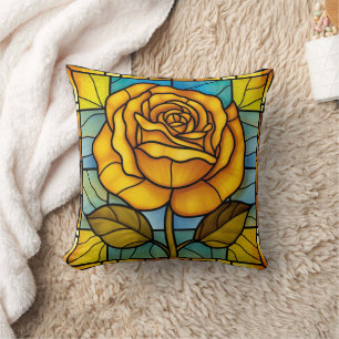 Stained Glass Yellow Rose Throw Pillow