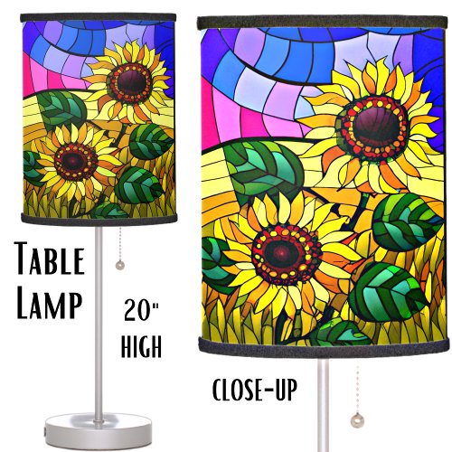 Stained Glass Yellow Sunflowers Blue Pink Sky Table Lamp