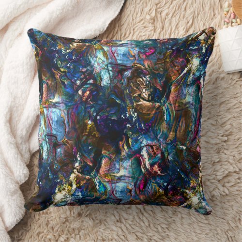 Stained heavy paints overlapping in mix colorful throw pillow