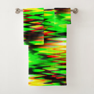 Stained red and green forming abstract zigzag or bath towel set