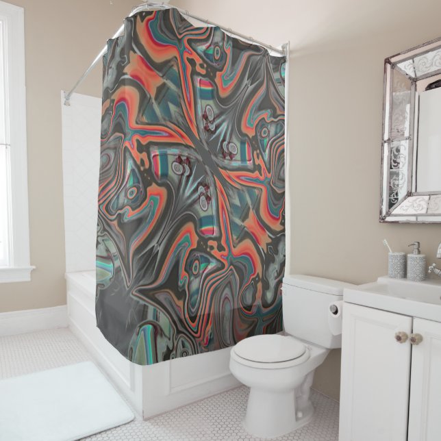 Stained traces of gray, living coral and cyanStain Shower Curtain (In Situ)